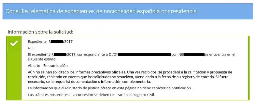 Ejemplo de pantalla de “Cómo va lo mío” mostrando un expediente de nacionalidad española en estado Abierto – En tramitación.