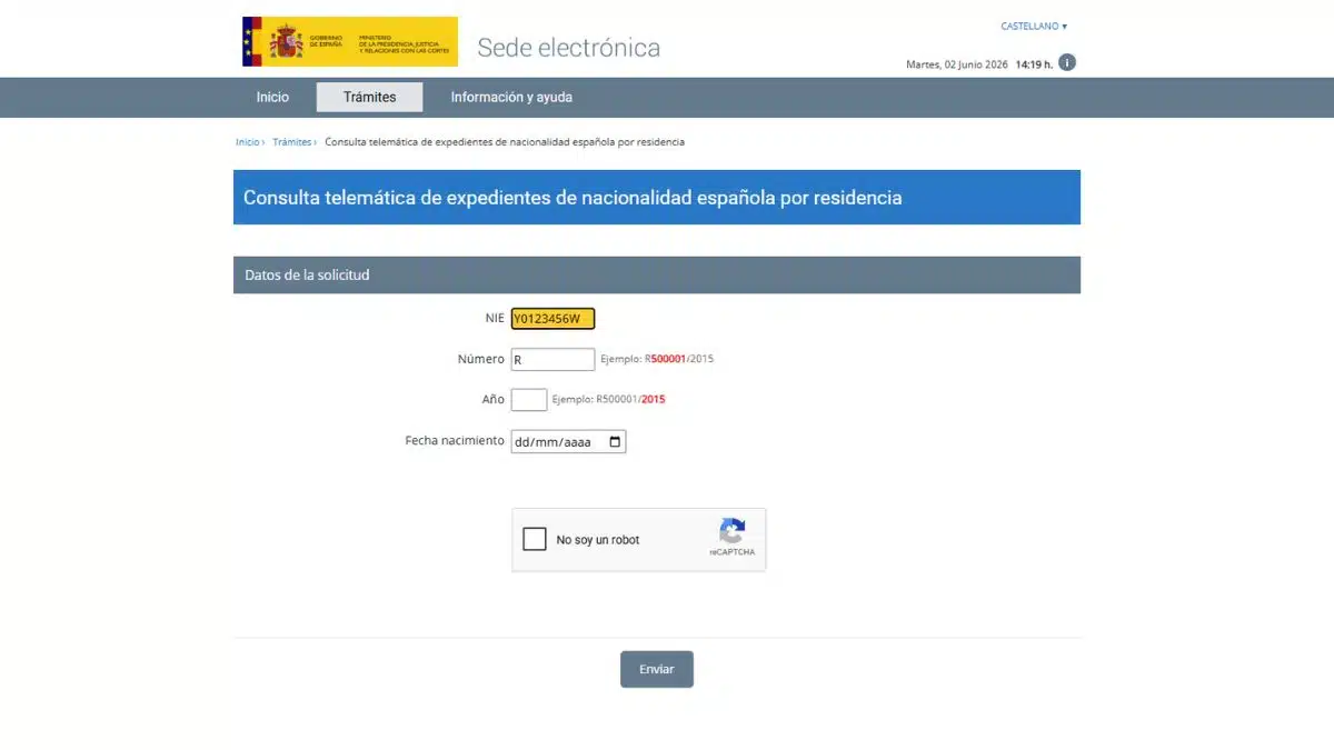 Formulario actual de “Cómo va lo mío” en la sede electrónica del Ministerio de Justicia para consultar el expediente de nacionalidad española por residencia.