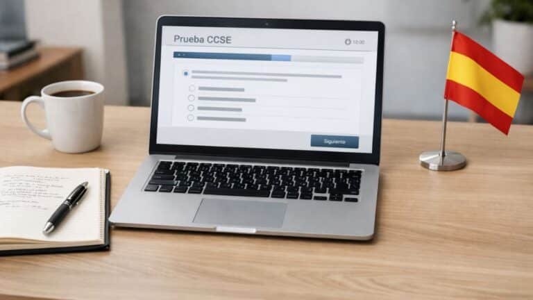 Escritorio con portátil y material de estudio para preparar la prueba CCSE