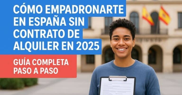 Migrante en oficina de empadronamiento en España explicando trámite sin contrato