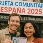 Pareja multicultural mostrando la Tarjeta Comunitaria frente a la Oficina de Extranjería en España, año 2025