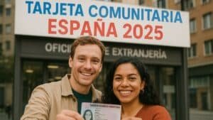 Pareja multicultural mostrando la Tarjeta Comunitaria frente a la Oficina de Extranjería en España, año 2025