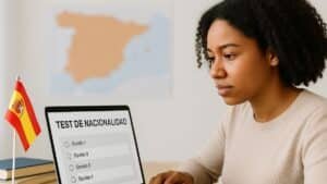 Persona estudiando el test de nacionalidad española CCSE frente a un portátil con bandera de España y mapa de fondo