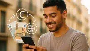 Persona enviando dinero al extranjero desde España a través del móvil