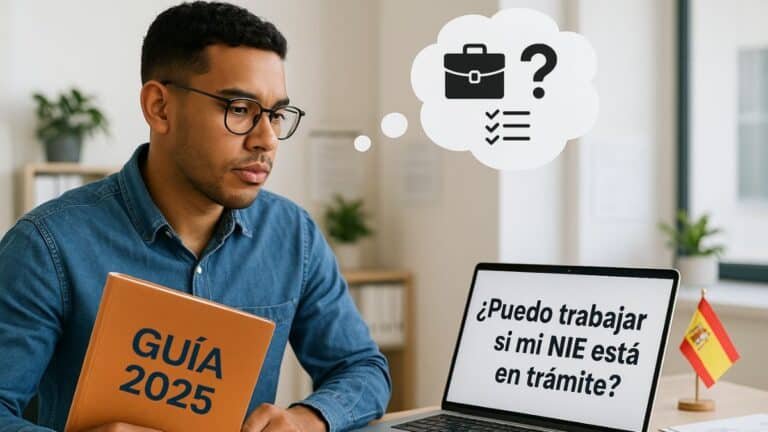 Persona joven revisando su NIE en trámite mientras trabaja en España