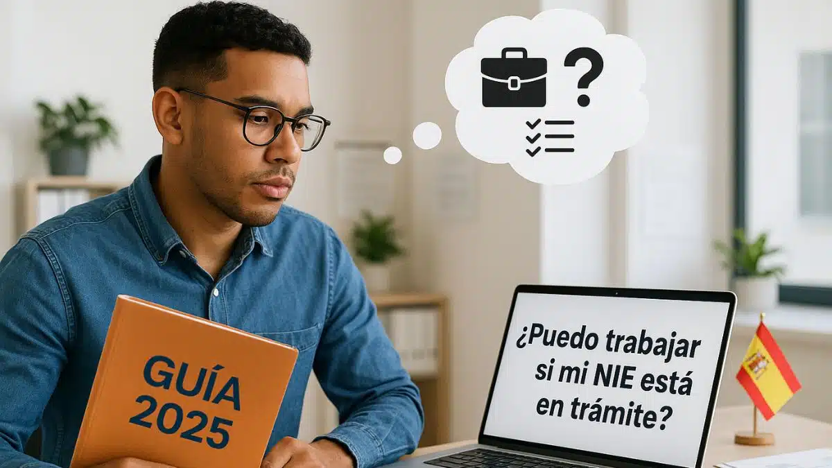 Persona joven revisando su NIE en trámite mientras trabaja en España