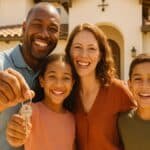 Familia inmigrante feliz con llaves frente a casa moderna en España