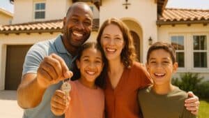Familia inmigrante feliz con llaves frente a casa moderna en España