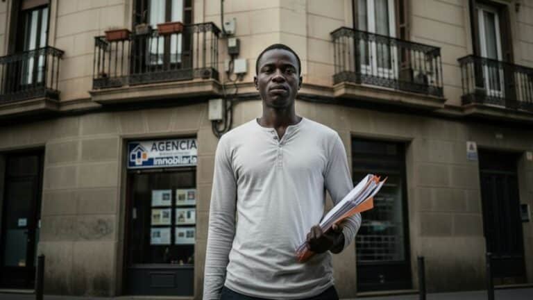 Persona inmigrante frente a edificio de pisos enfrentando discriminación para alquilar vivienda