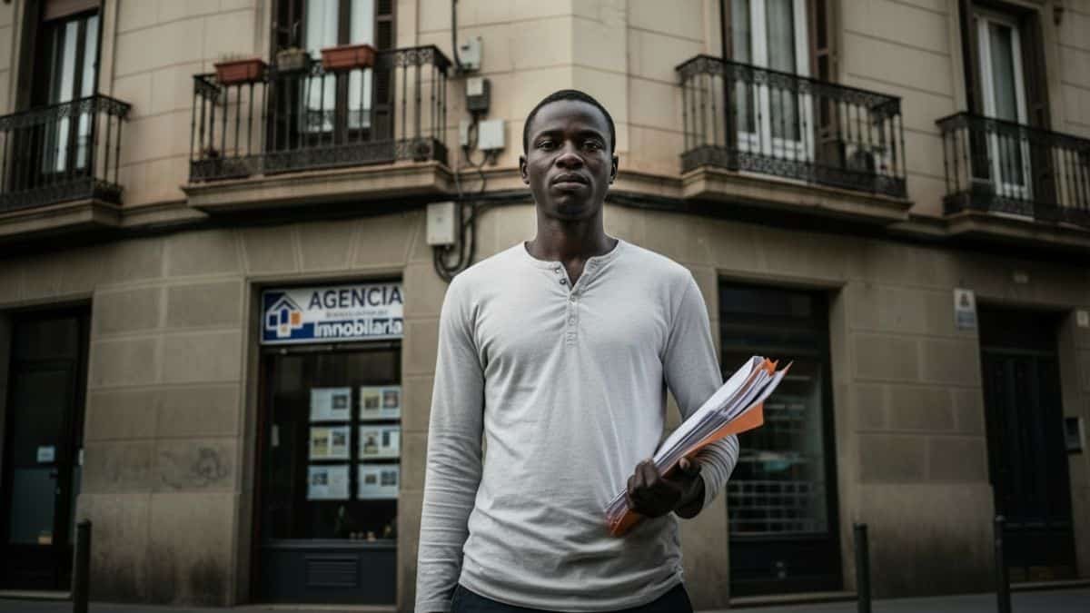 Persona inmigrante frente a edificio de pisos enfrentando discriminación para alquilar vivienda