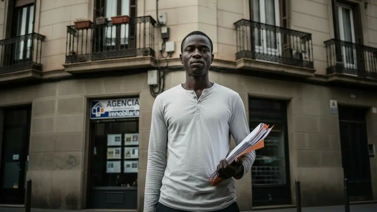Persona inmigrante frente a edificio de pisos enfrentando discriminación para alquilar vivienda