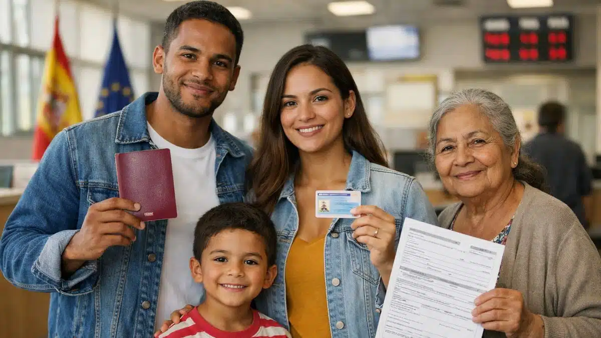 familia hispana presentando documentos residencia familiares de español EX-24 en Oficina de Extranjería España