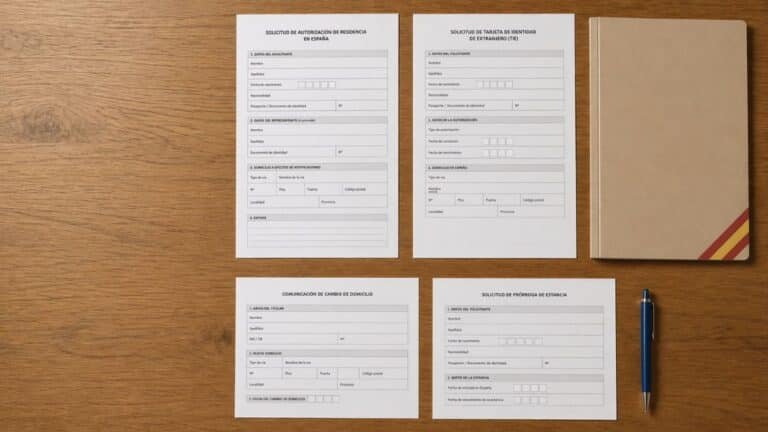 Formularios de extranjería en una mesa, modelos EX00 a EX32 para trámites de residencia y trabajo en España